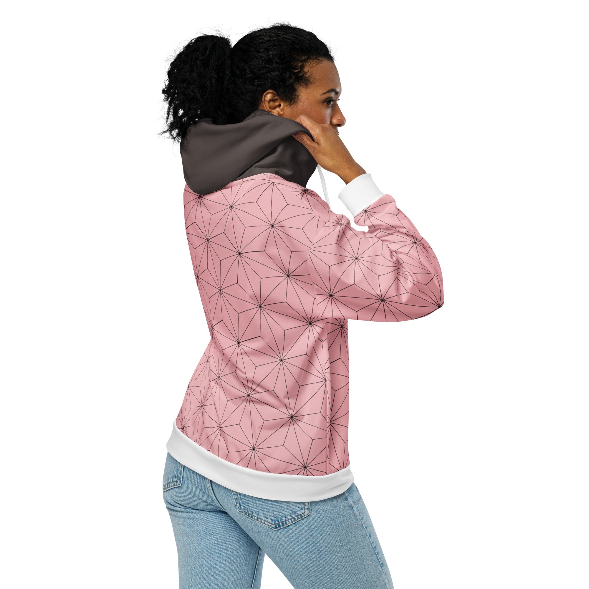 Nezuko Pink Zip Up Hoodie, Demon Slayer Inspired Anime Fan Zipper Jacket Kamado Haori Cosplay Winter Christmas Clothing Gift for Girlfriend