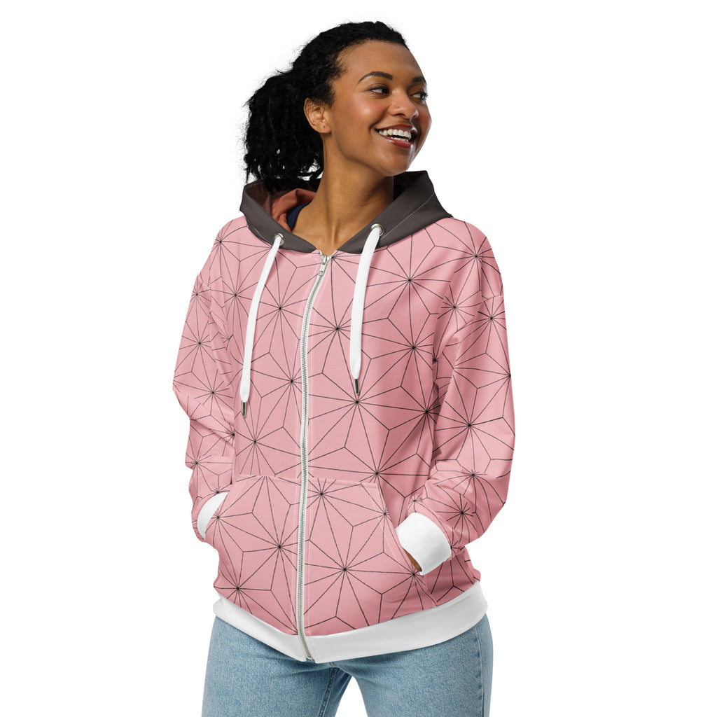 Nezuko Pink Zip Up Hoodie, Demon Slayer Inspired Anime Fan Zipper Jacket Kamado Haori Cosplay Winter Christmas Clothing Gift for Girlfriend