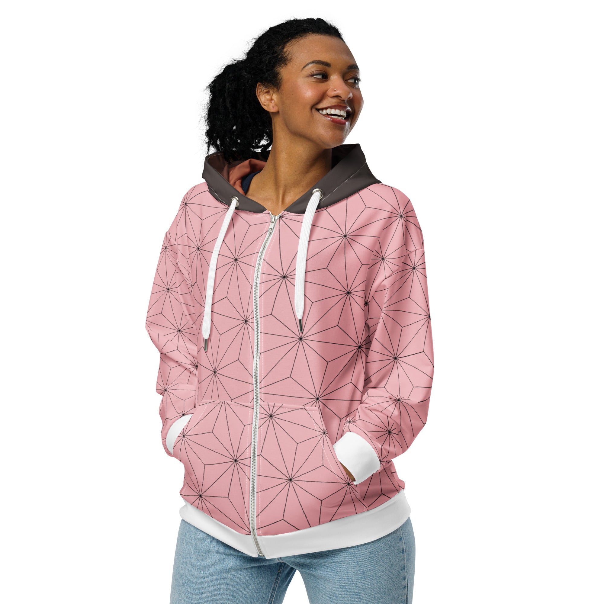 Nezuko Pink Zip Up Hoodie, Demon Slayer Inspired Anime Fan Zipper Jacket Kamado Haori Cosplay Winter Christmas Clothing Gift for Girlfriend