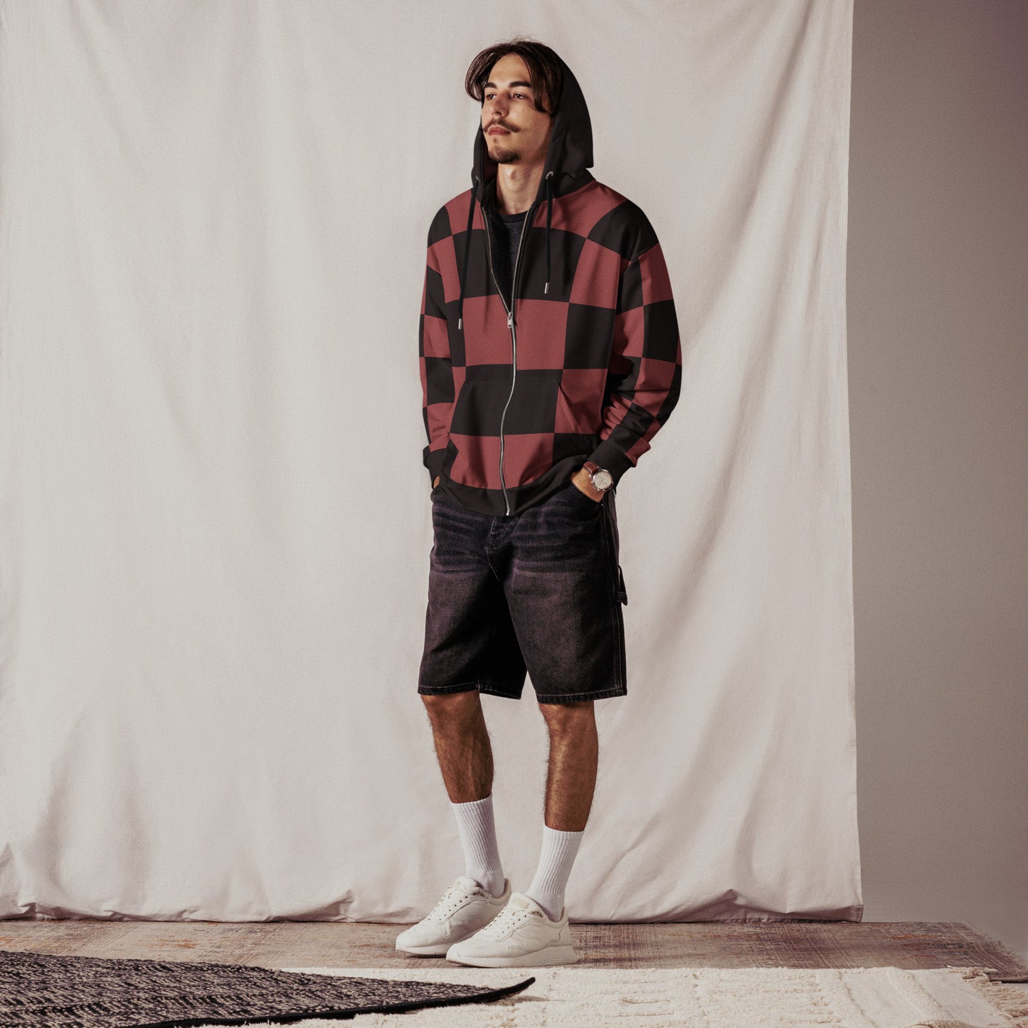 Green and Black Checkered Tanjiro Inspired Zip Up Hoodie