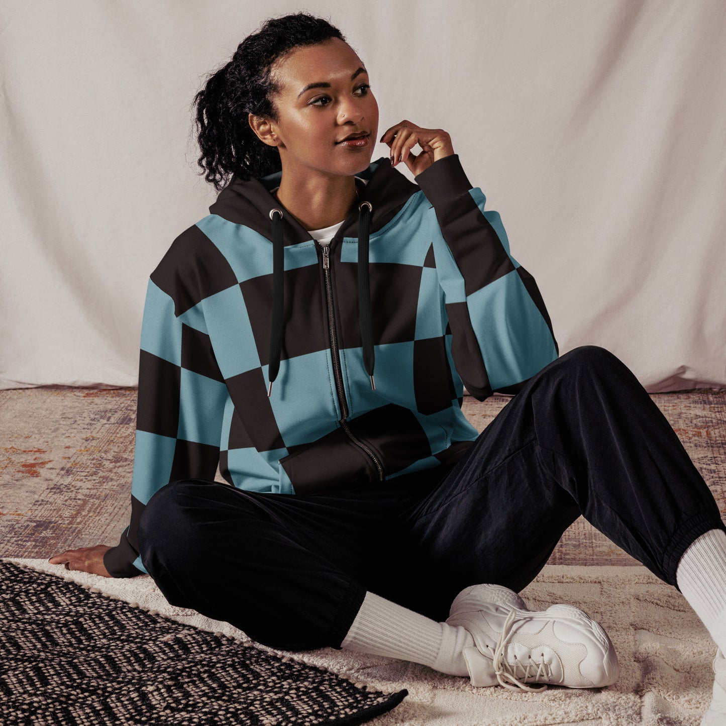 Green and Black Checkered Tanjiro Inspired Zip Up Hoodie