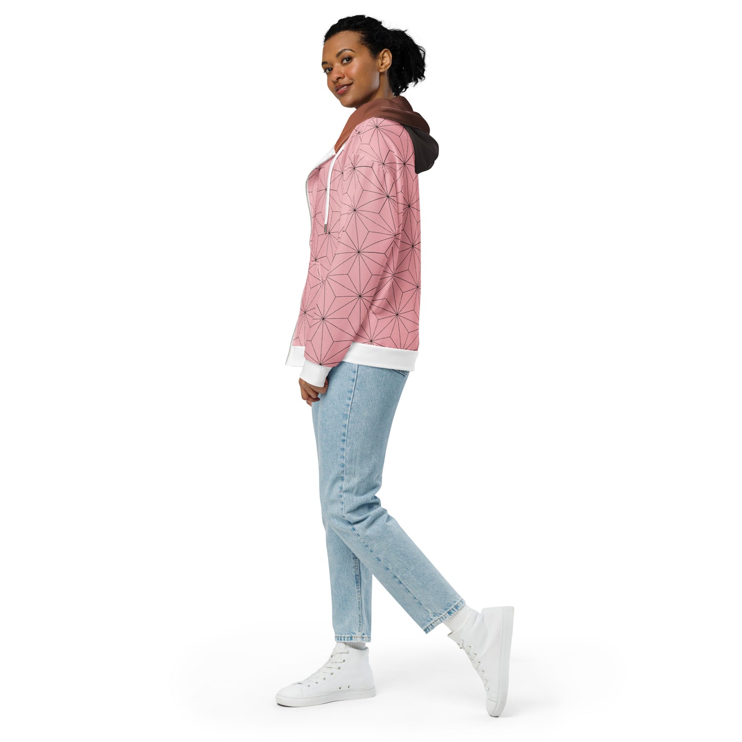 Pink Geometric Anime Nezuko Inspired Zip Hoodie
