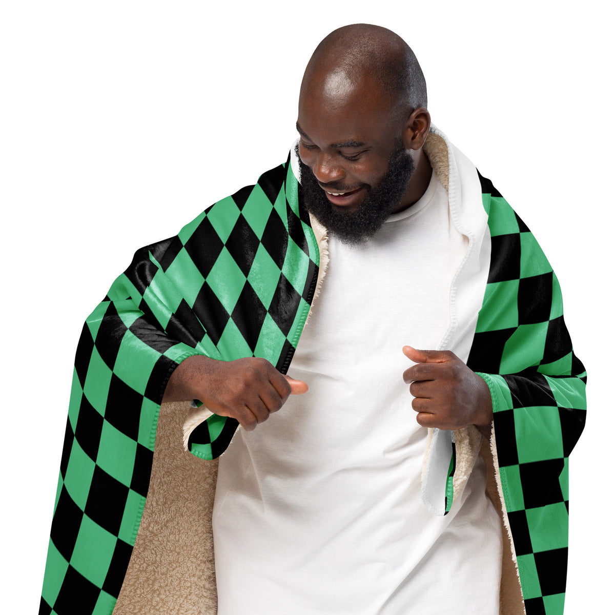 Green and Black Checkered Sherpa Tanjiro Inspired Blanket