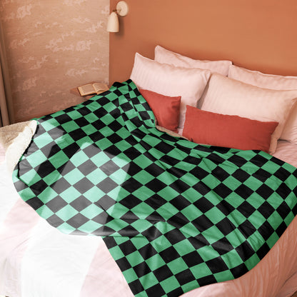 Green and Black Checkered Sherpa Tanjiro Inspired Blanket